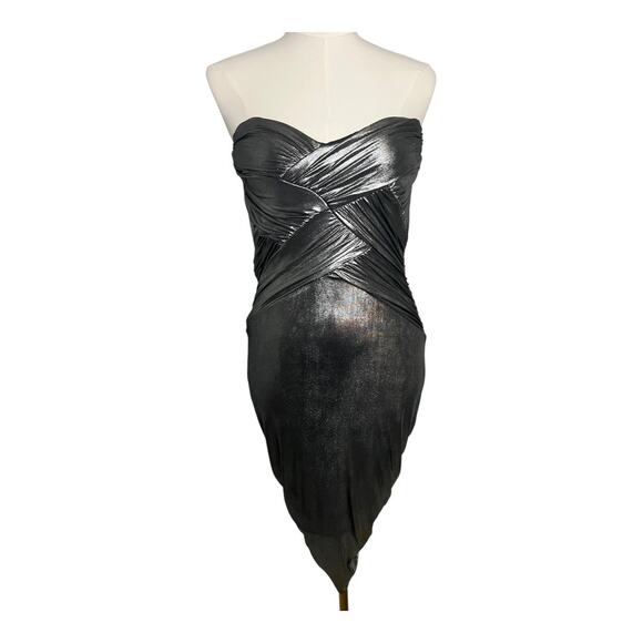 Bebe Pewter Draped Cocktail Dress Party Evening Date Night Out XS Strapless - Picture 1 of 12